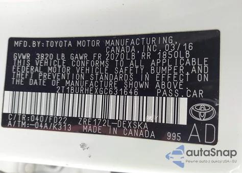 2016 Toyota Corolla S z USA, uszkodzony, nr VIN 2T1BURHEXGC631646
